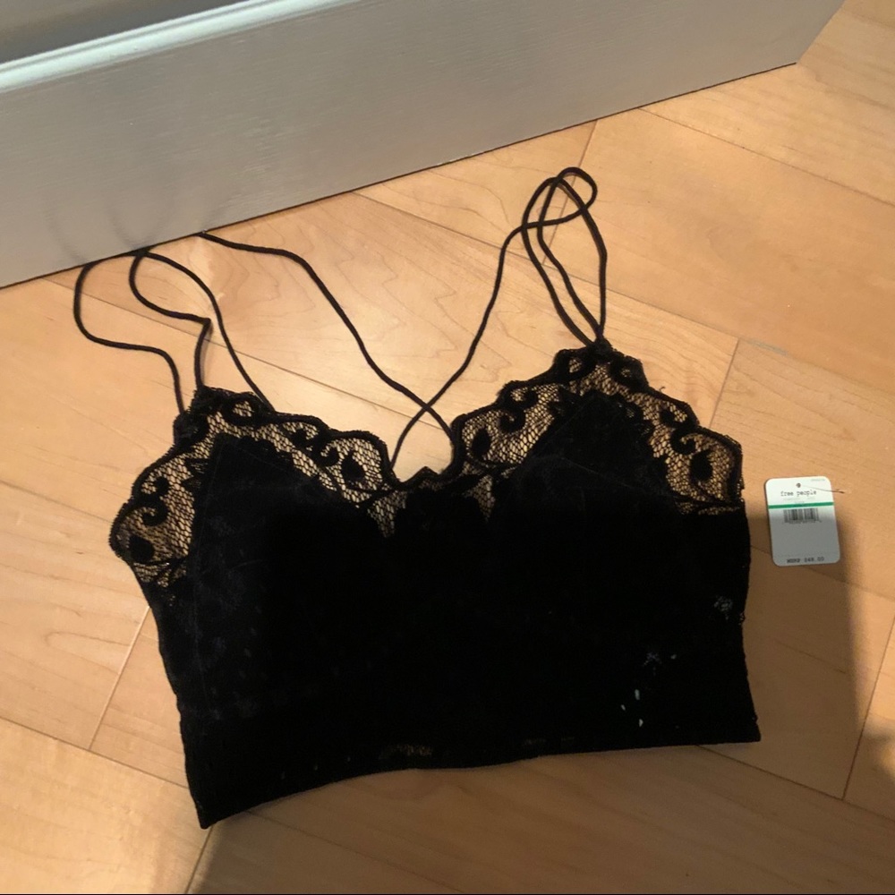 Free People black velvety lacy crop NWT L